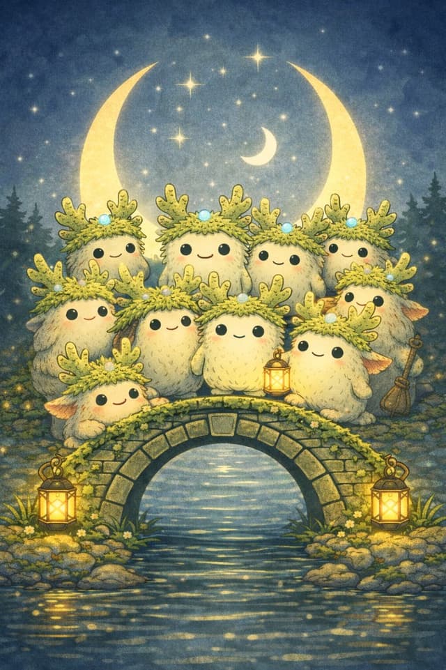 Moonbridge spirit creatures gathered on a stone bridge under the moon - community and connection