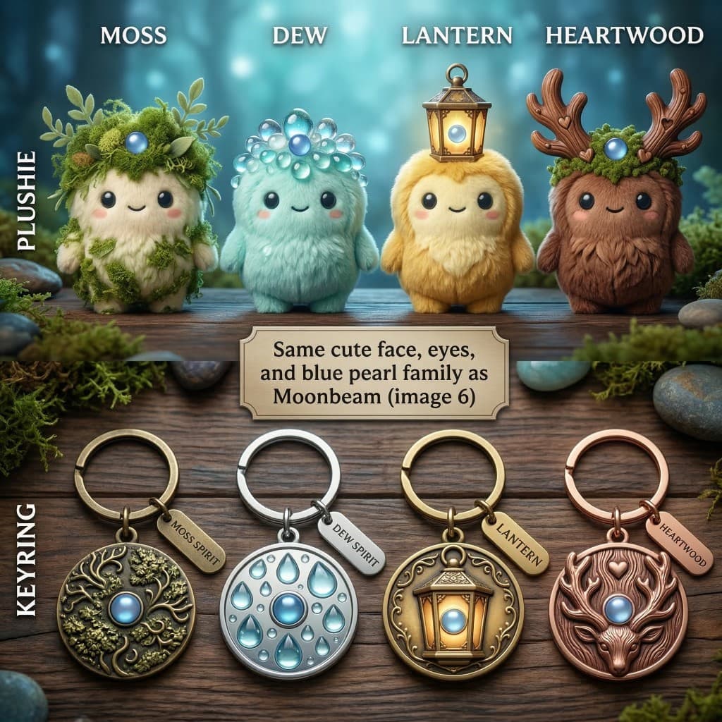 Moonbridge plushies and keyrings — Moss, Dew, Lantern, Heartwood