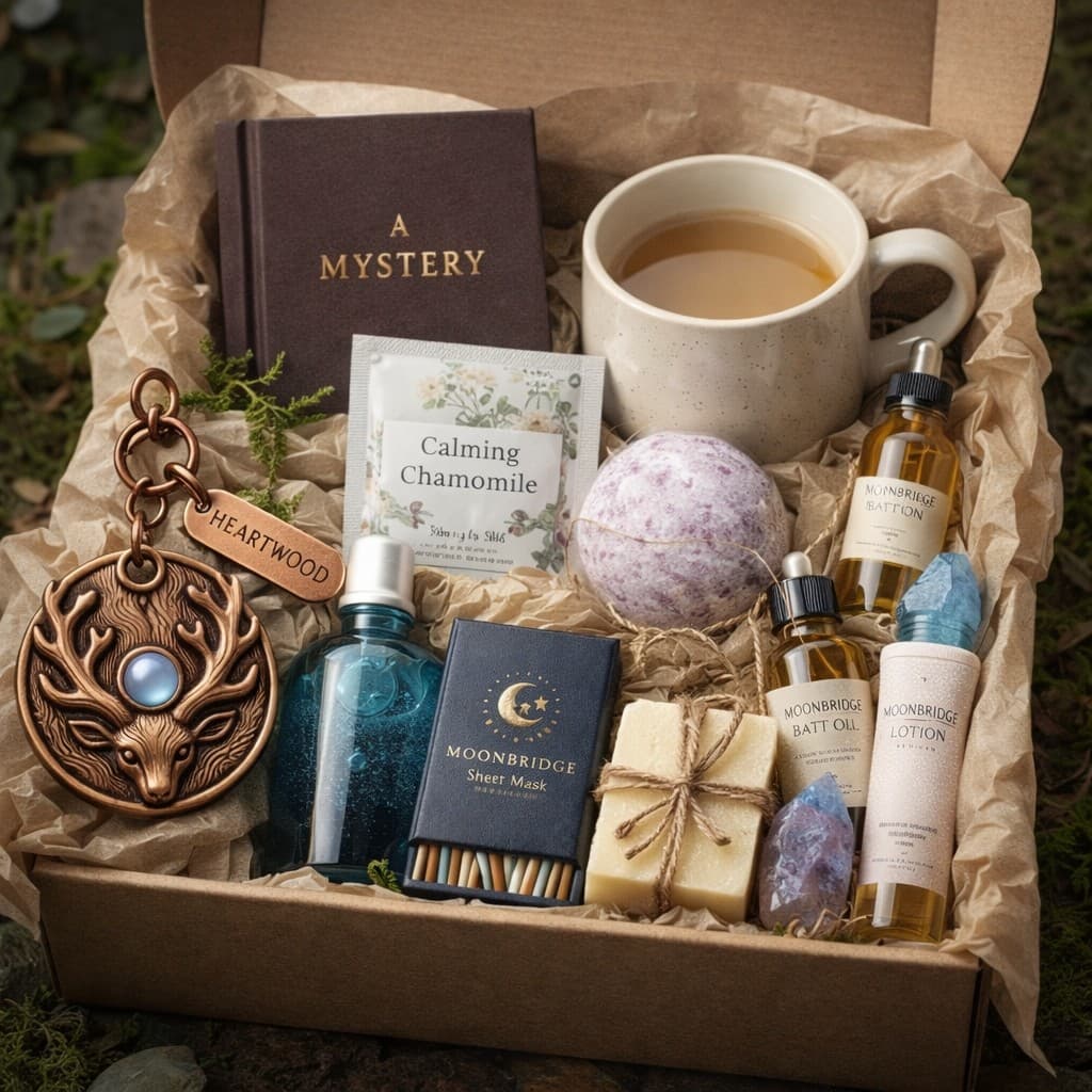 Close-up of Moonbridge Rituals box contents: bath oils, sheet mask, crystals, chamomile sachet, and self-care items