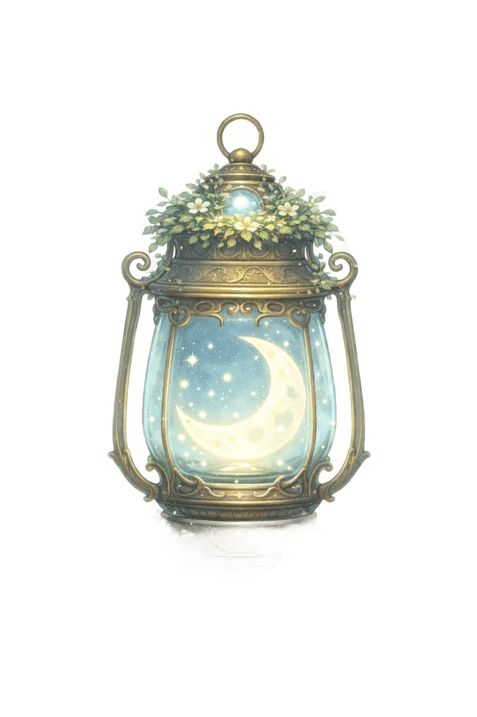 Moonbridge lantern - celestial moon and stars in an ornate golden frame